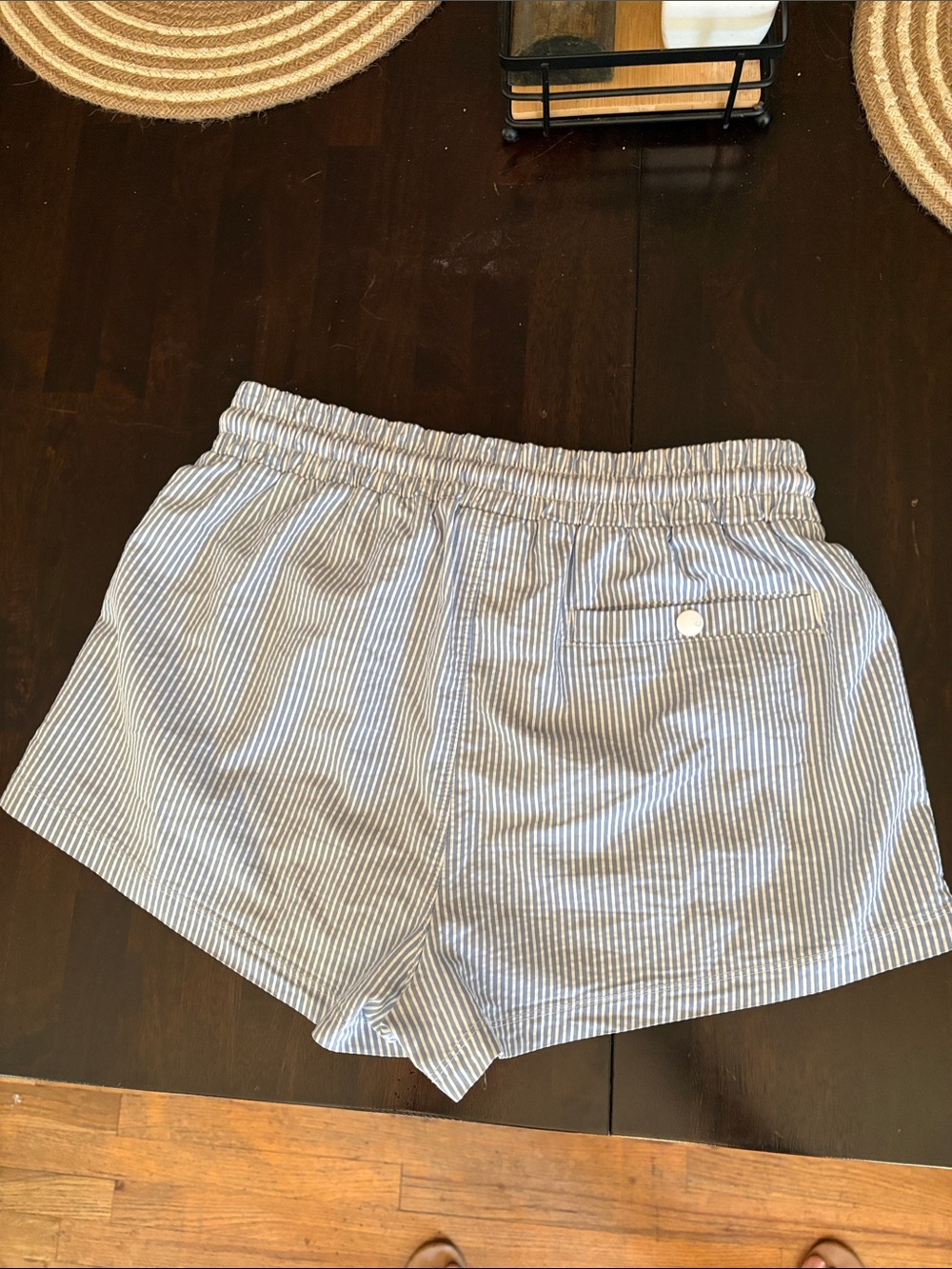 Champion Seersucker Stripe Athletic Shorts in Blue, White with Pink Drawstring. - Picture 2 of 3
